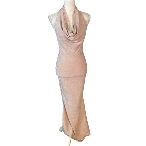 Selfie Leslie US XS Soleil Moon Halterneck Maxi Dress Sparkle Blush Formal Prom - Image 3