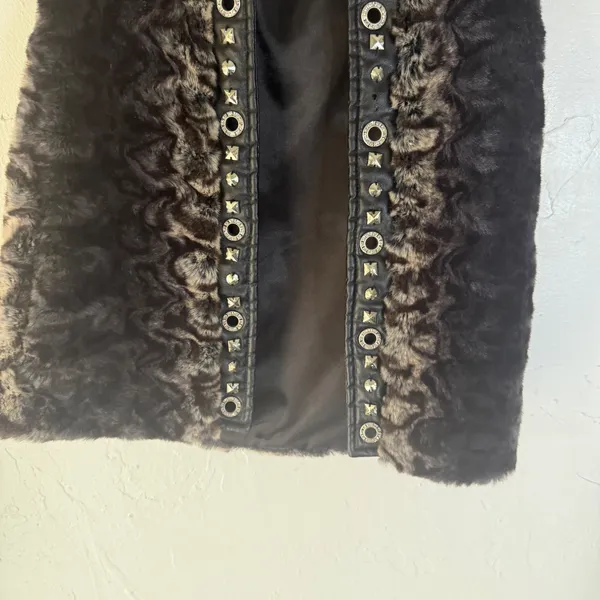 Cache Y2k Faux Fur Vest‎ Studded Embellished Black Brown Animal Print S Small - Image 5