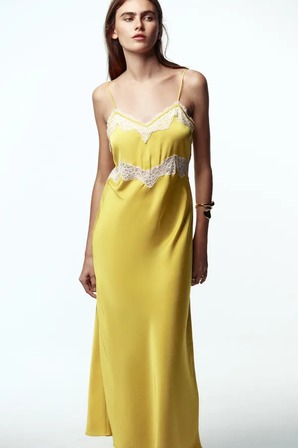 Zara Elegant Yellow Slip Dress with Lace Trim - Image 3