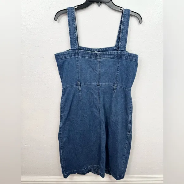 GAP Denim Overall Dress Womens Size L Medium Wash Blue Sleeveless Pockets - Image 2