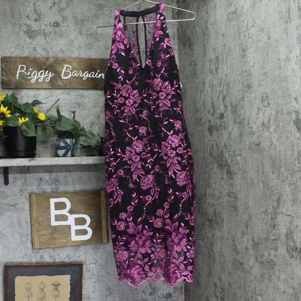 NWT Siena Womens Embroidered Mesh Sleeve Dress SATP1126 Fuchsia Pink / Black 12 - Image 4