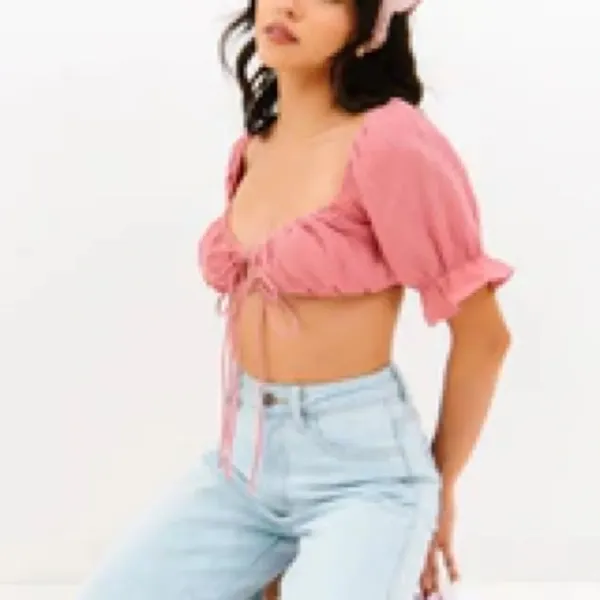 Luca + Grae Pink‎ Tie Front Crop Top Puff Sleeves Size Small Cruise Summer - Image 2