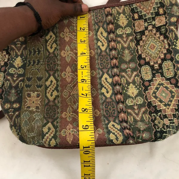 Unique green brown VTG boho tapestry crossbody shoulder tote bucket bag purse PU leather straps & interior cottage-core - Image 4