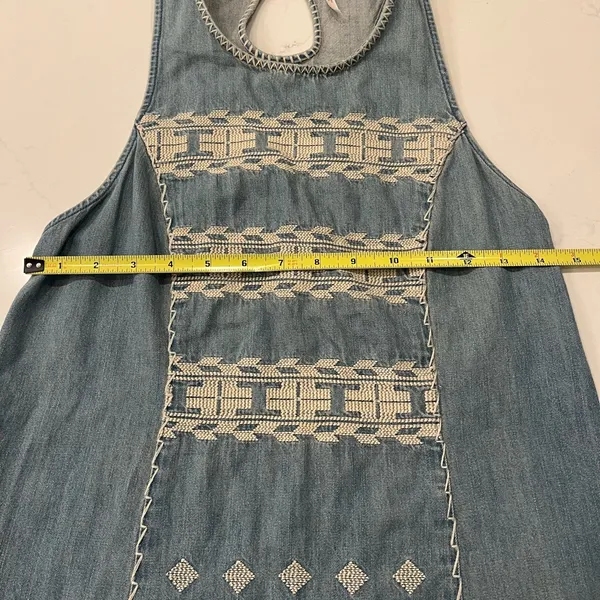 Free People Embroidered Chambray Denim Mini Dress | Size XS | Aztec Racerback - Image 9