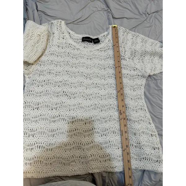 Frazzle Womens White Crochet Open Knit Scoop Neck Button Tab Sleeve Sweater L - Image 4