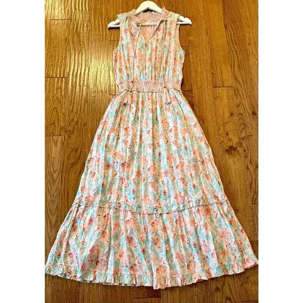 Roller Rabbit Amandine pink floral smocked waist size small - Image 11