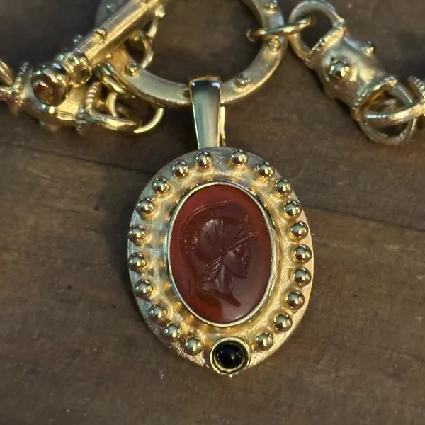 Brown leather braid toggle necklace with carved Roman head pendant - Image 3