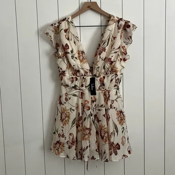 Lulus Flirty Ways Cream Floral Print Flutter Sleeve Romper - Image 7