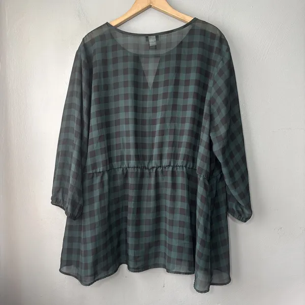 Torrid Sheer Top Plus Size 3 3X Green Black Checkered Gingham Peasant Babydoll - Image 4