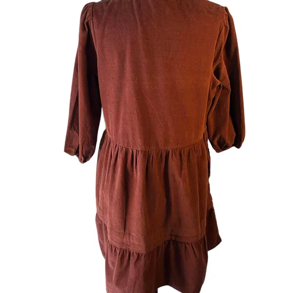 Brown cotton dress with tiered skirt and 3/4 sleeves, size M (8-10) - Image 4