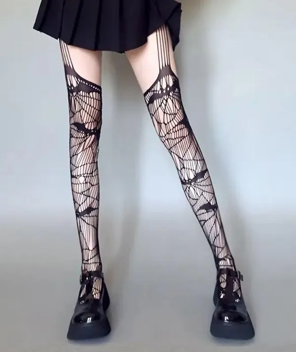 Black Bat Fishnet Suspender Tights Hollow Out High Waist Mesh Pantyhose One Size - Image 7
