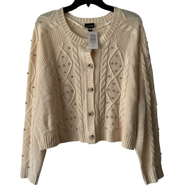 NWT‎ Torrid Cropped Cable Cardigan Embellished Sweater Cream Diamond Size 2X - Image 2