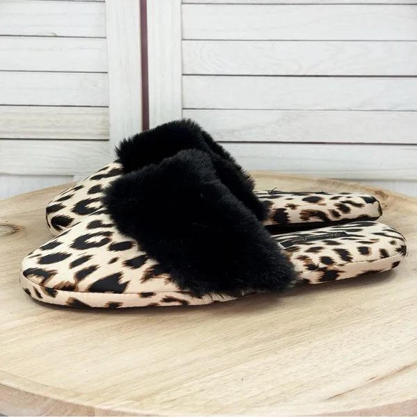 Victorias Secret Leopard Print Faux Fur Trim Satin Slippers‎ Tan Black Medium - Image 4