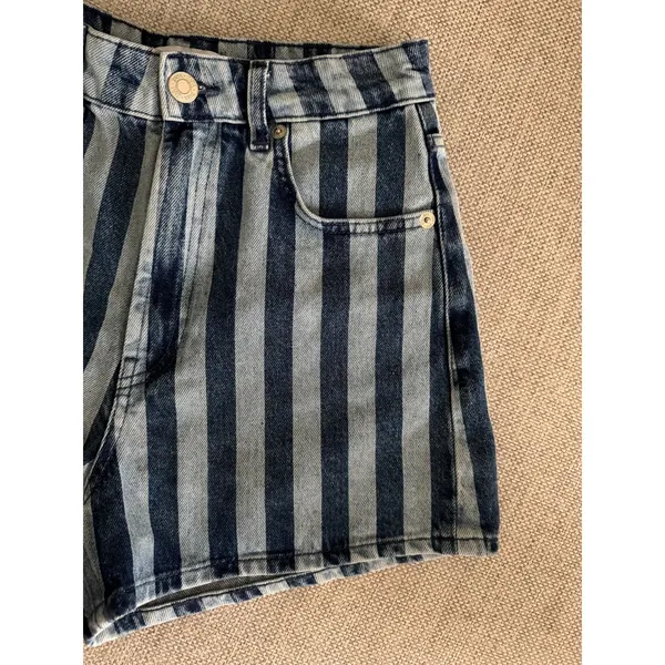 Zara High Waisted Light Dark Blue Striped Denim Shorts Size 4 - Image 5