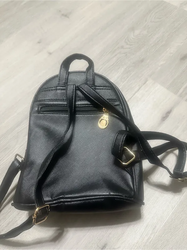 Mini Black Faux Leather Backpack with Cat Charm - Image 2
