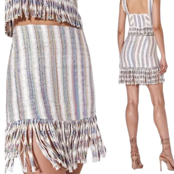 Alexis Vichy Silk Blend Fringe Mini Skirt Neutral Stripe Resort Vacation Size S - Image 14