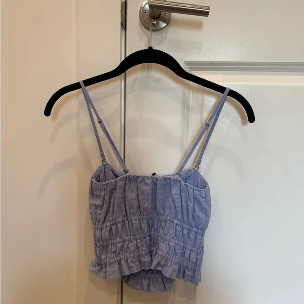 Abercrombie & Fitch Blue Strapless Linen-Blend Ruched Top - Image 4