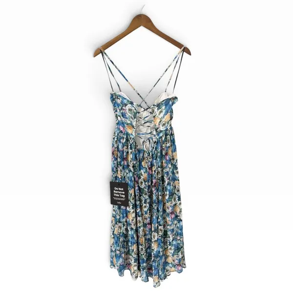 Lulus Aleyna Blue Multi Abstract Pleated Lace-Up Bustier Midi Dress size L NWT - Image 5