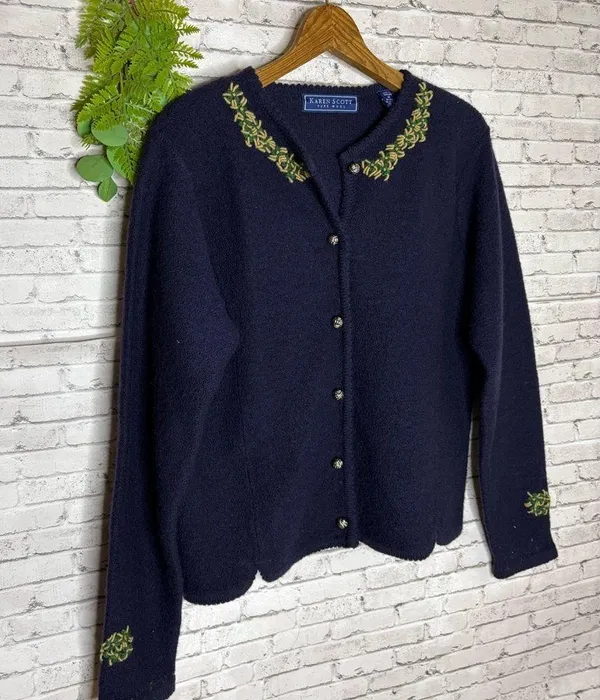 Vintage Karen Scott Navy Blue Cottagecore Embroidered Cardigan Sweater - Image 3