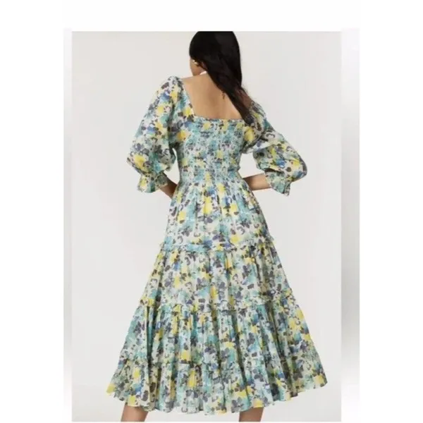 LoveShackFancy Capri Midi Dress- Size L Blue‎ Multi 3/4 Sleeves Smocked Waist - Image 4