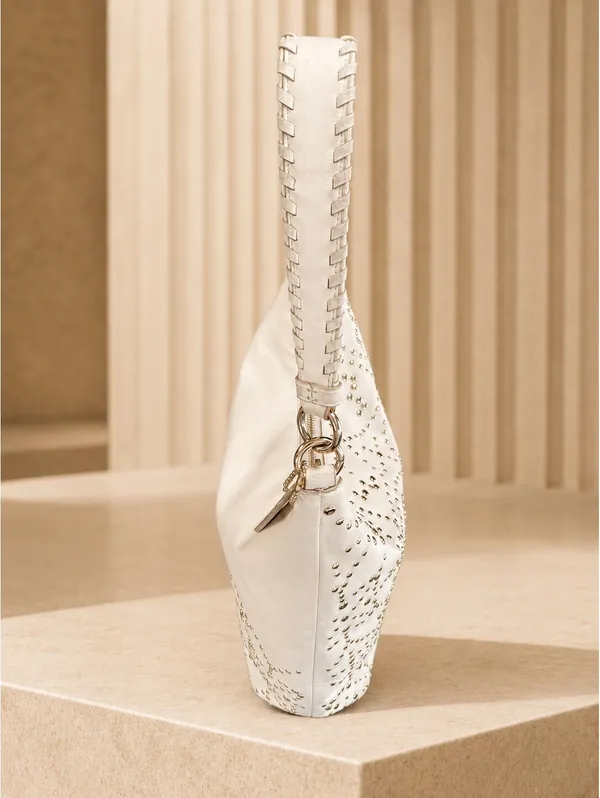 Coach Studded Leather Hobo Bag White Medium Shoulder Purse - Image 4