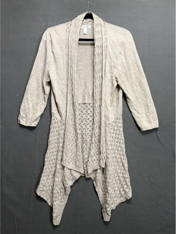 Dressbarn Petite L Beige Crochet Open Front Cardigan - Image 3