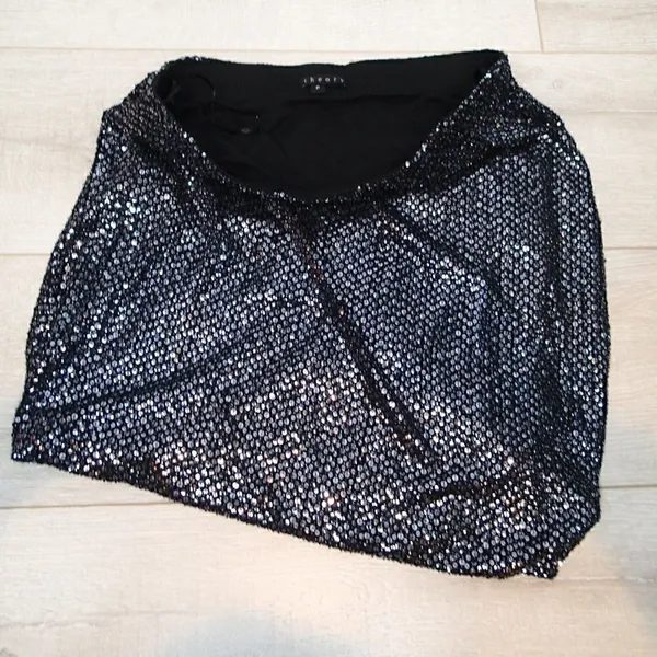 Theory Women's Size Small‎ Hailey W Skirt Black Sequin Asymmetrical Hem Pull On - Image 8