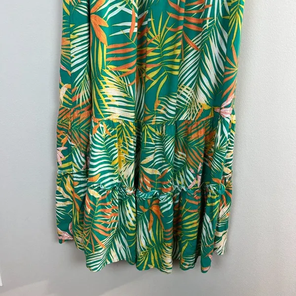 Betsey Johnson Maxi Dress Small Green Palm‎ Leaf Tropical Smocked Puff Sleeve - Image 4