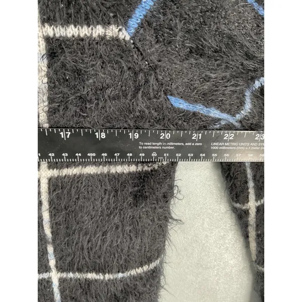 Arette Womens Cardigan Fuzzy Grid Plaid Fringe Zip Up Black Blue Large - Image 5
