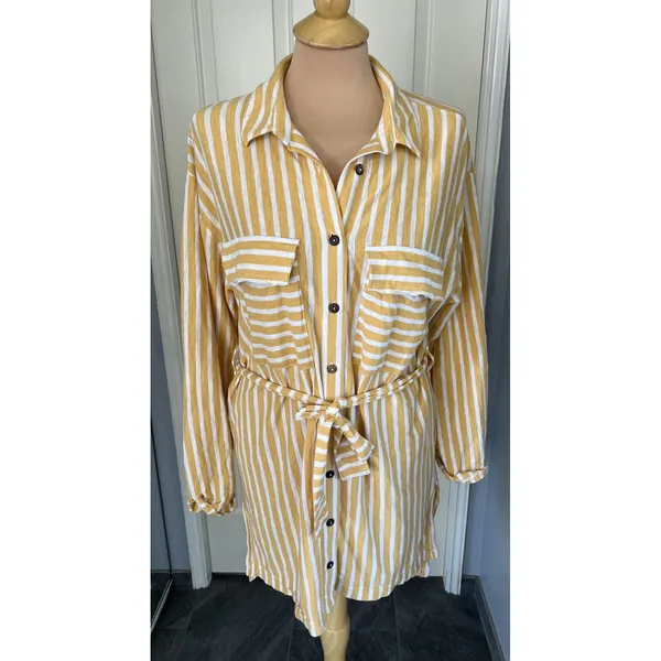 Free People Beach Women's Striped Shirt Dress Size Small Belted Yellow White‎ - Image 2