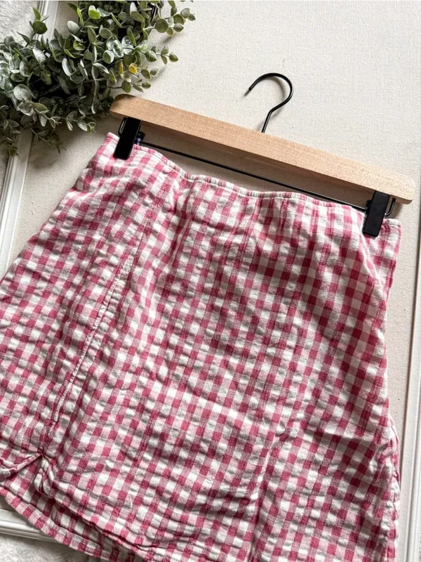 American Eagle Pink Gingham Mini Skirt Ruched Side Cottagecore M - Image 2