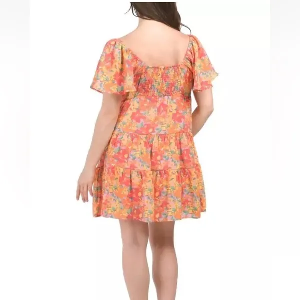 Marissa Olivia Red Orange Floral Flutter Sleeve Peasant Smocked Mini Dress L - Image 8
