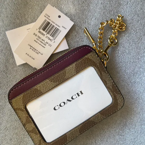 Coach Khaki Signature Canvas Deep Berry Zip Card Case - Image 2