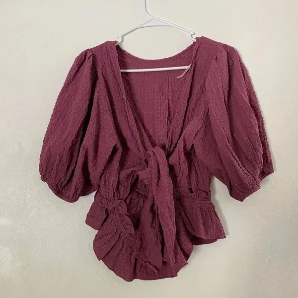 Free People Purple Textured Wrap Peplum Top L Puff Sleeve Boho Tie Front - Image 2