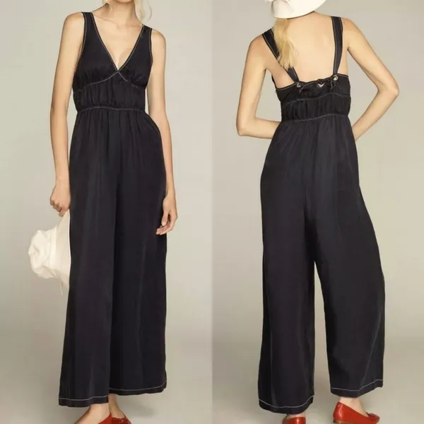Anthropologie Sancia Oda Satin Jumpsuit in Midnight Navy Blue Size Small - Image 4