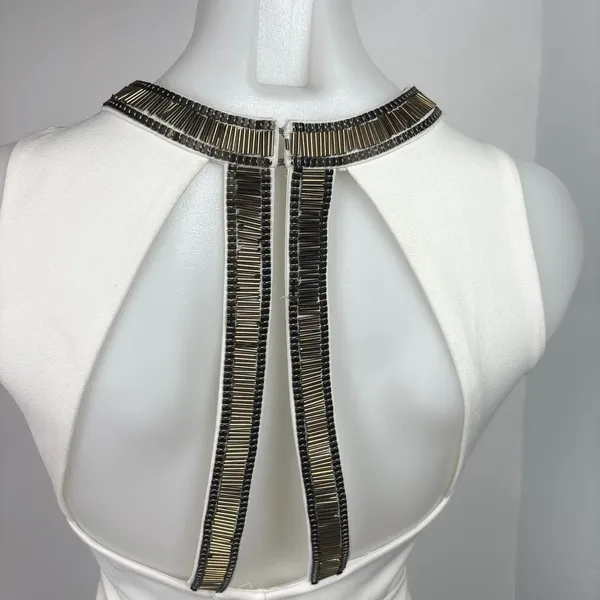 H&M White Gold Beaded Neck Formal Cocktail Bodycon Sheath Mini Dress Size S - Image 6