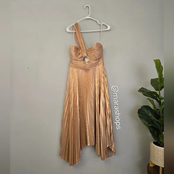 A.L.C. Pink Rose Gold Aurora Pleated One Shoulder Midi Dress - Image 4