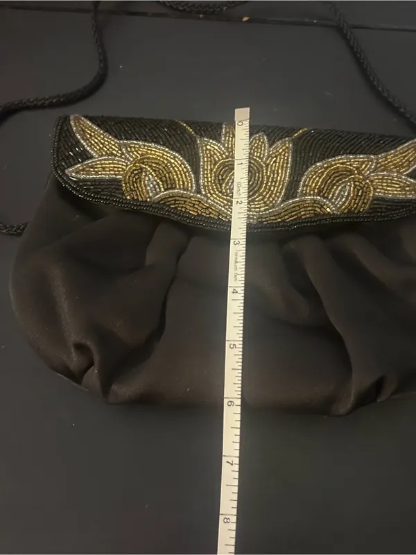 Vintage Black Satin Beaded Evening Clutch Floral Gold Silver Shoulder Purse - Image 5