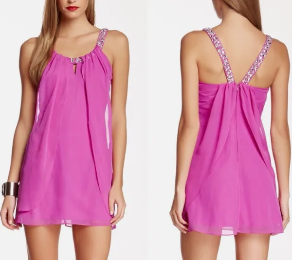 hailey logan Adrianna Papell hot pink( Fuchsia)rhinestone Chiffon short dress 7 - Image 3