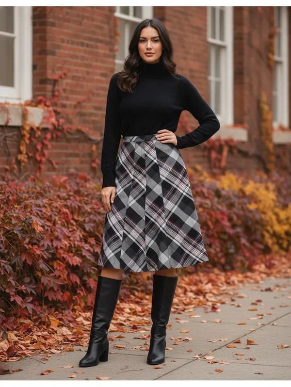 Nine West Plaid Skirt Women's Size 8 Black Grey Red A-Line Bias Cut Midi Skirt - Image 6