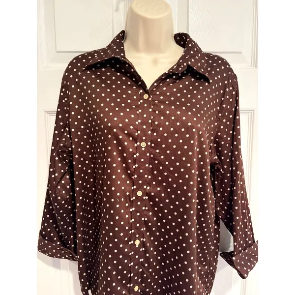 Lauren Ralph Lauren Brown Polka Dot Button Down Shirt 3/4 Sleeve Top - Image 2