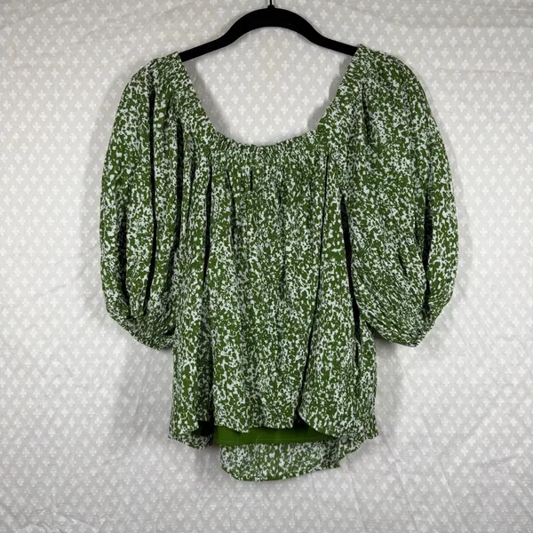 Abercrombie & Fitch Green White Splattered Print Puff Sleeve‎ Top - Image 5
