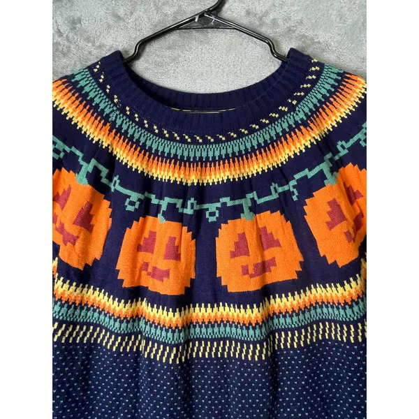 Vintage Navy Fair Isle Pumpkin Sweater Tunic Cottagecore Folk Knit Whimsical Med - Image 2