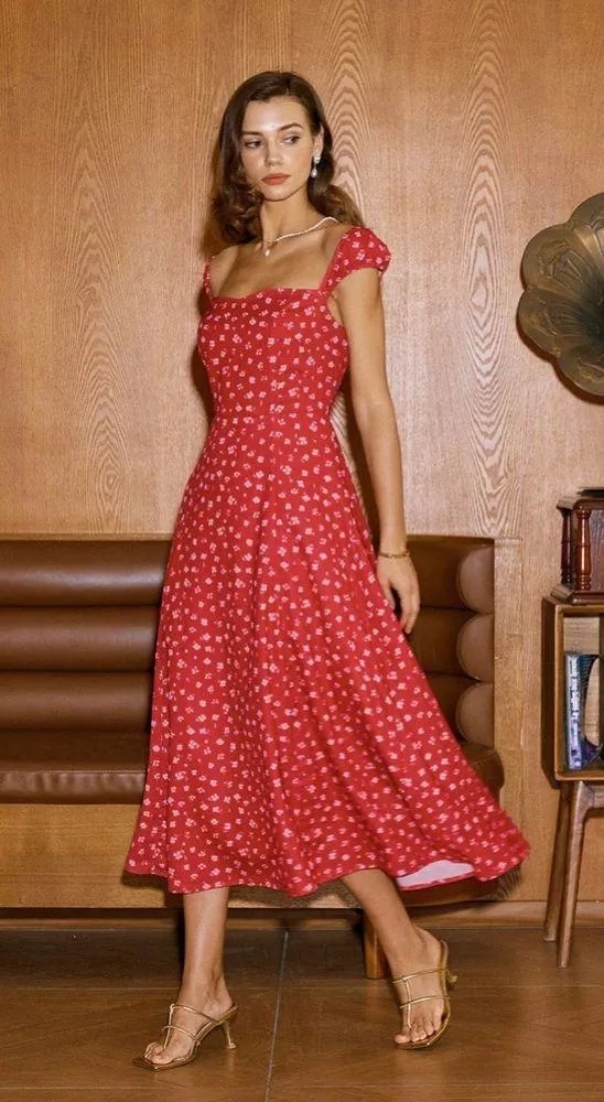 Rihoas Red Floral Sweetheart Neck Cap Sleeve Midi Dress - Image 8