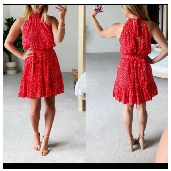 BTFBM Women's Red Polka Dot Halter Dress Size Small Boho Ruffle Summer Mini Cute - Image 2