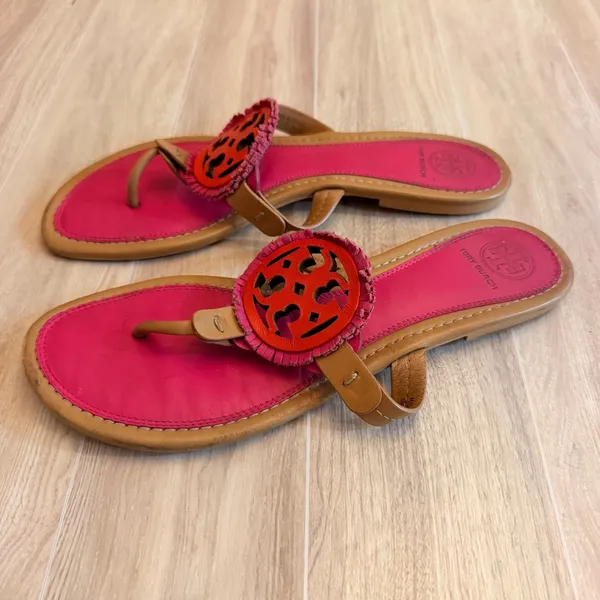 Tory Burch Miller Sandals Women 9M Pink Tan Good Fringe Logo Thong Flats - Image 2