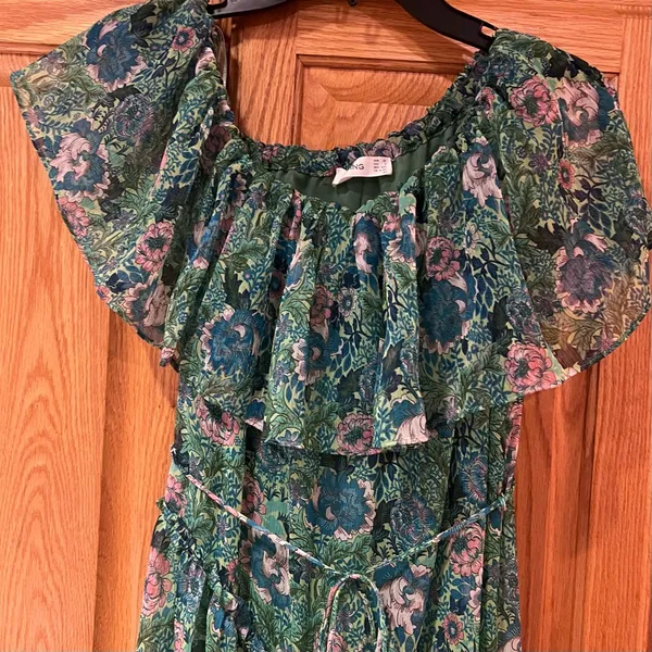 Mango Ruffle One-Shoulder Frill Hem‎ Floral Print Maxi Dress Green Size 2 - Image 8