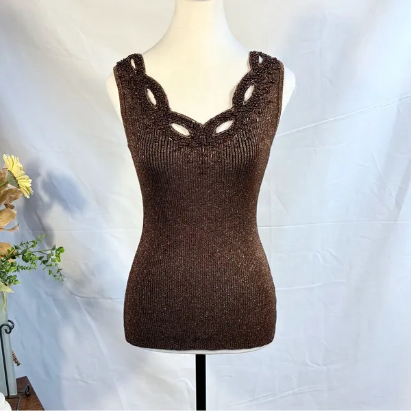 Vintage Cache Beaded Metallic Ribbed Tank Top Size Medium🧡 - Image 13