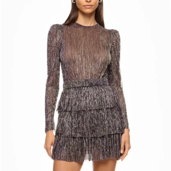 Sabina Musayev Purple Tiered Ruffle Mini Dress XS Plisse Metallic Cocktail $285 - Image 4