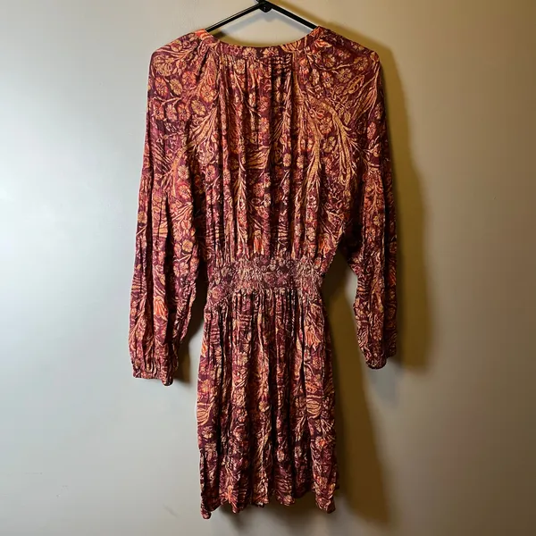 Peruvian Connection Adria Dress Burgundy‎ Gold Floral V Neck Raglan Sleeve Small - Image 3